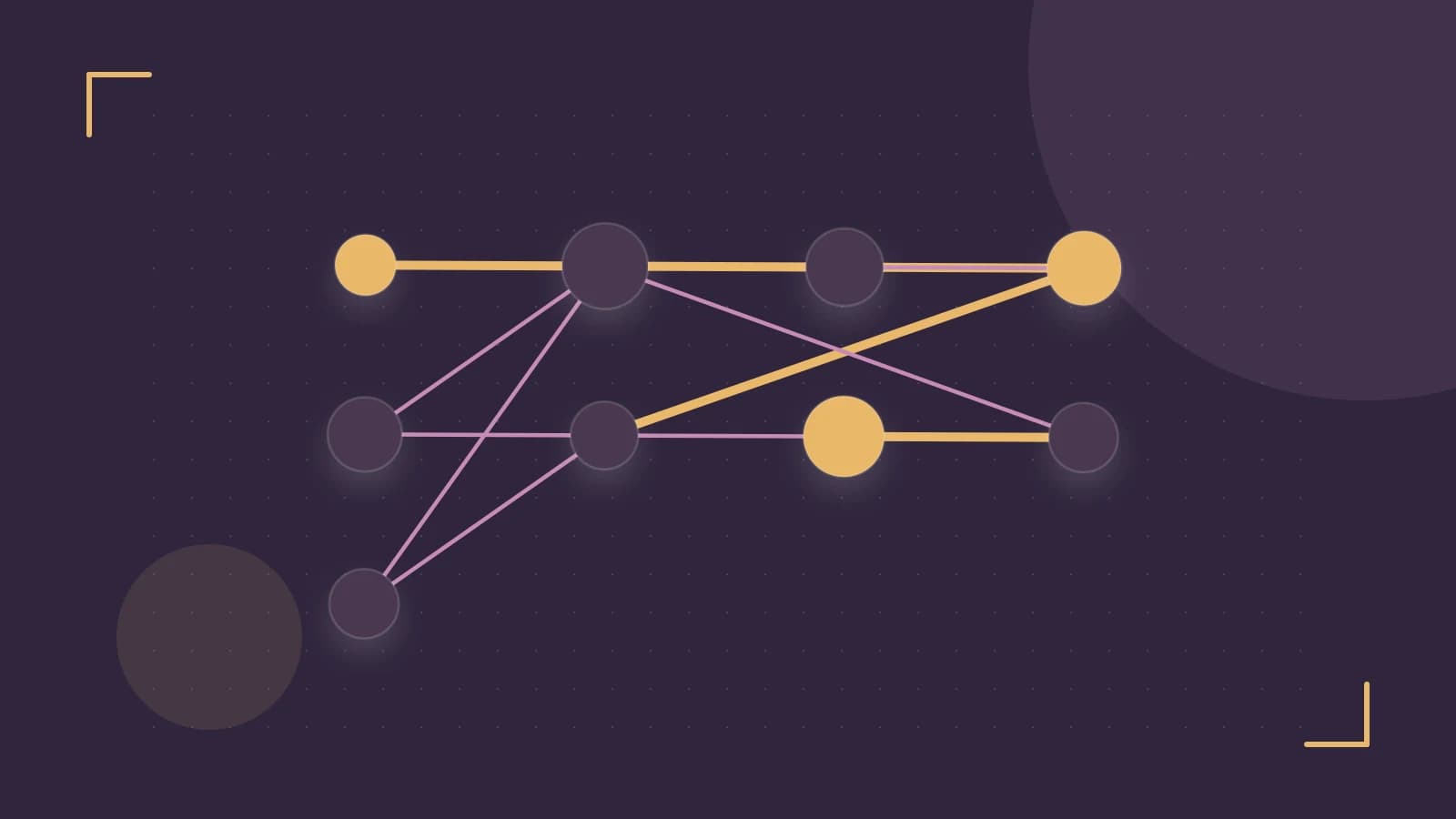 Editorial illustration of an algorithmic node graph with branching paths and a highlighted result