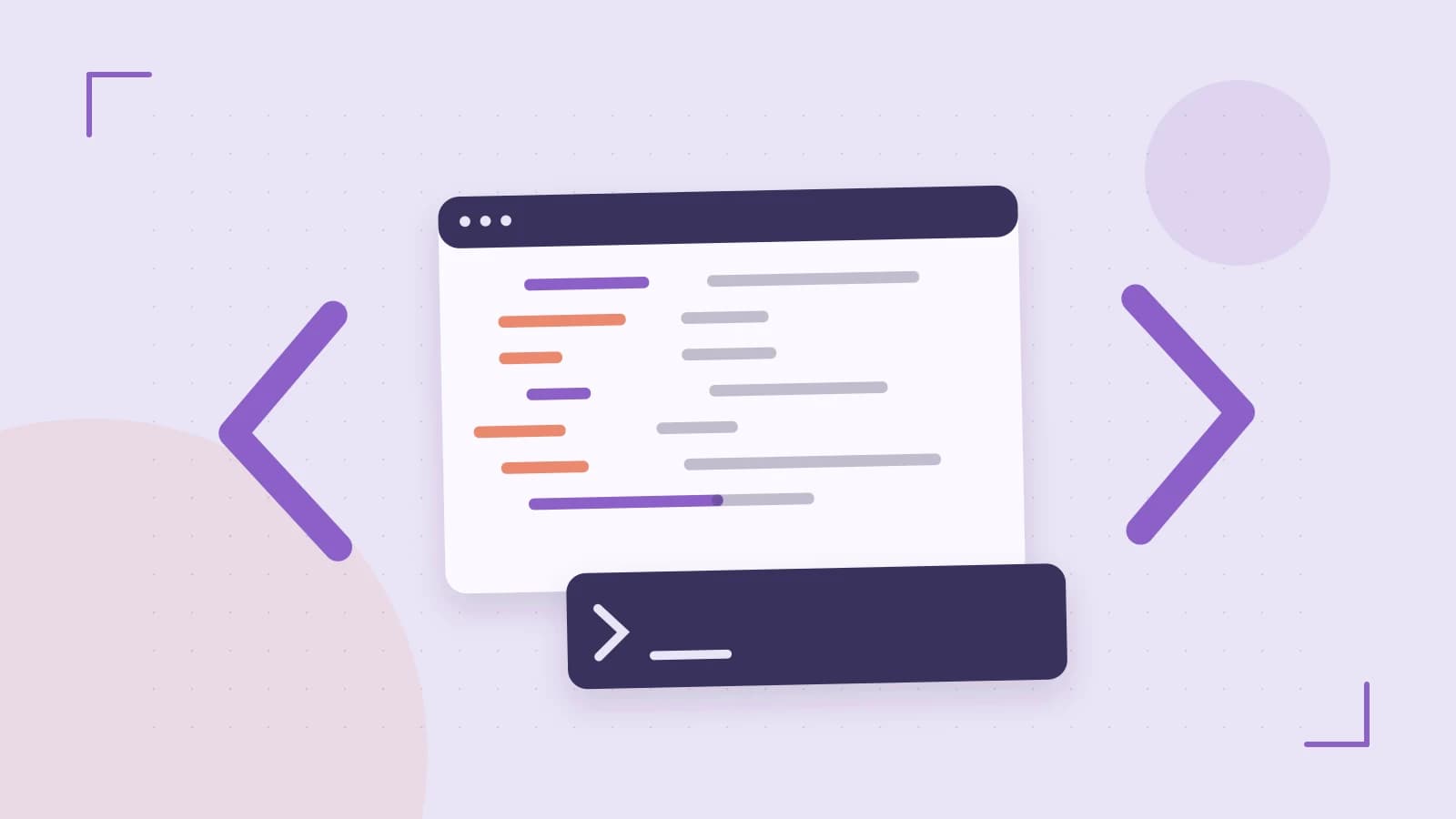 Editorial illustration of an abstract code editor, syntax blocks and oversized programming brackets