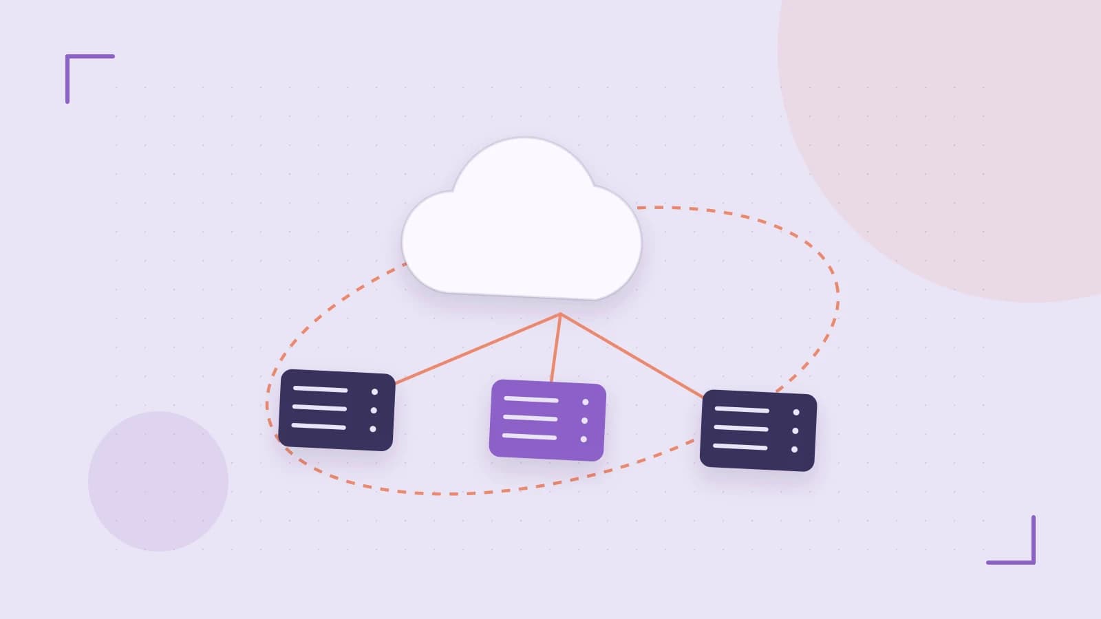 Editorial illustration of cloud infrastructure, connected server racks and an orbital service map