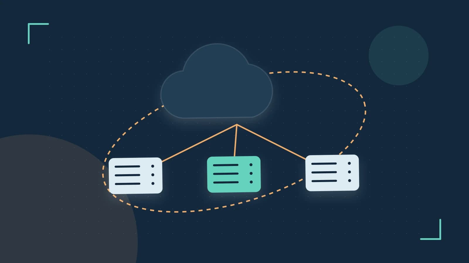 Editorial illustration of cloud infrastructure, connected server racks and an orbital service map