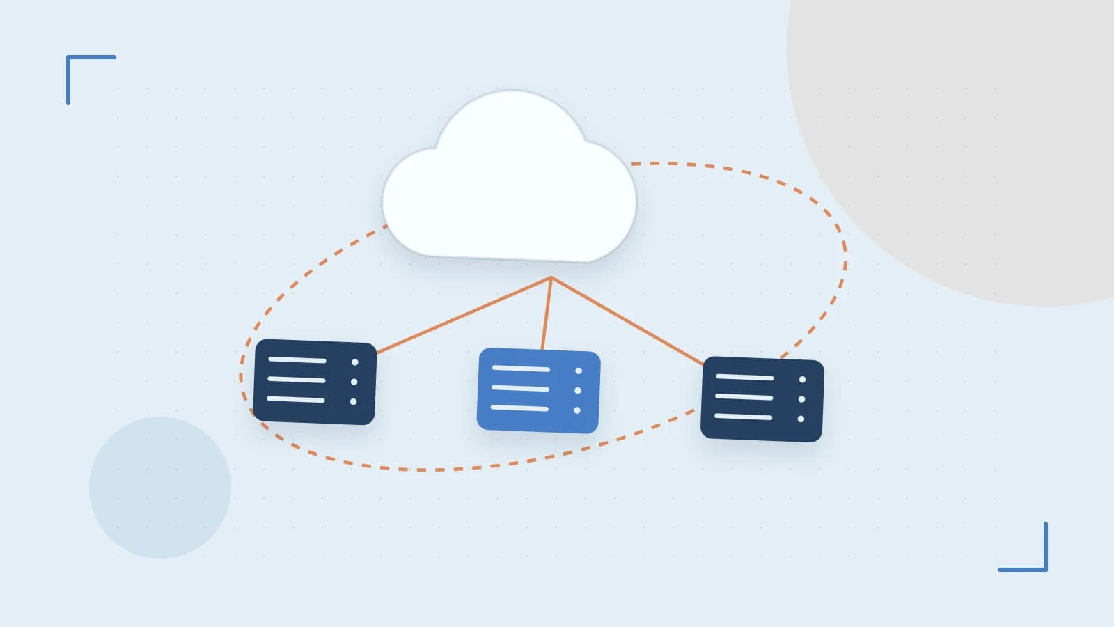 Editorial illustration of cloud infrastructure, connected server racks and an orbital service map