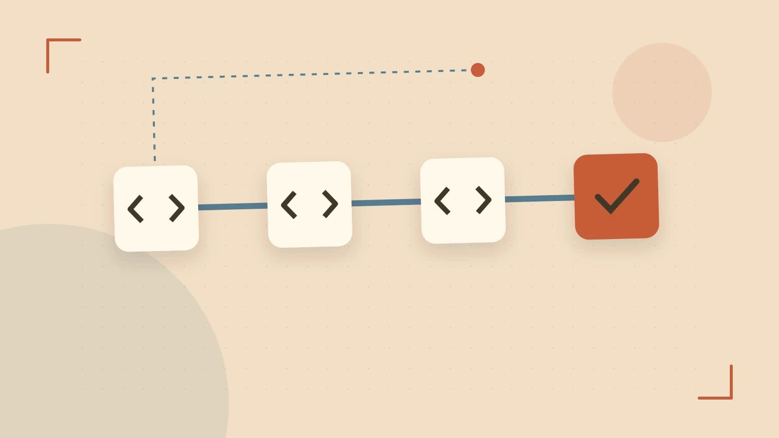 Editorial illustration of a branching build pipeline, staged transformations and a completed check