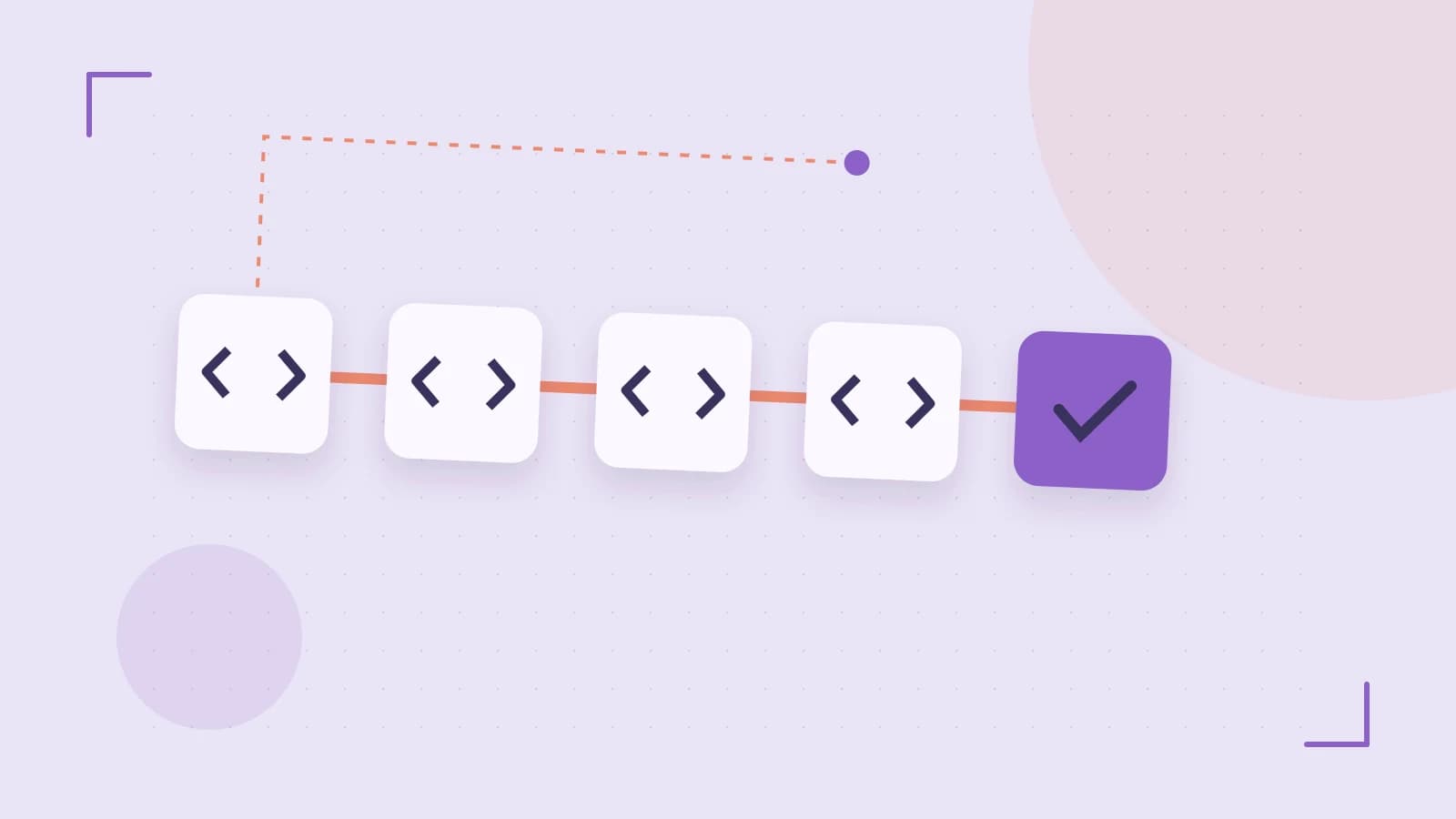 Editorial illustration of a branching build pipeline, staged transformations and a completed check
