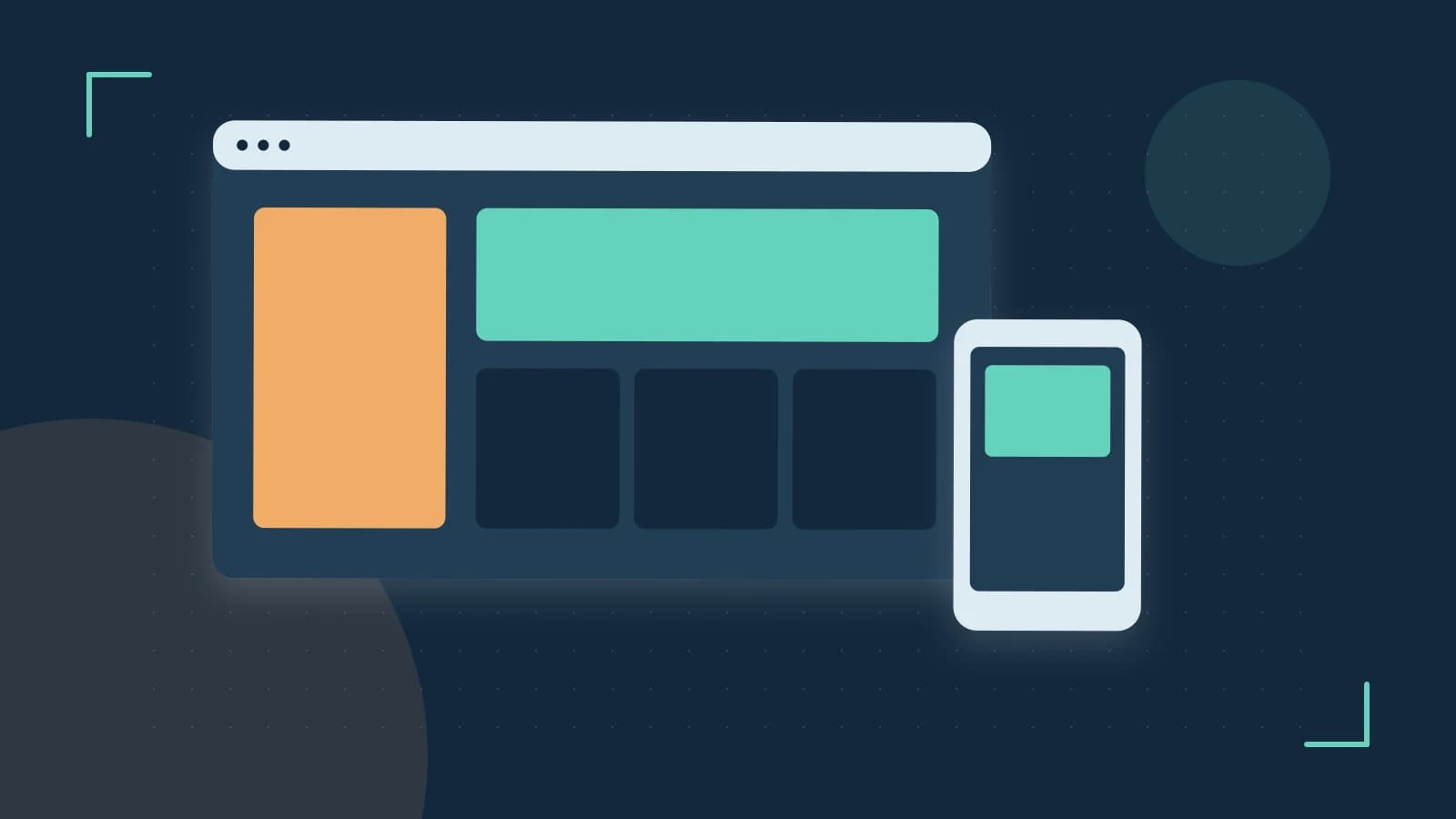 Editorial illustration of responsive browser layouts, overlapping design components and a color system