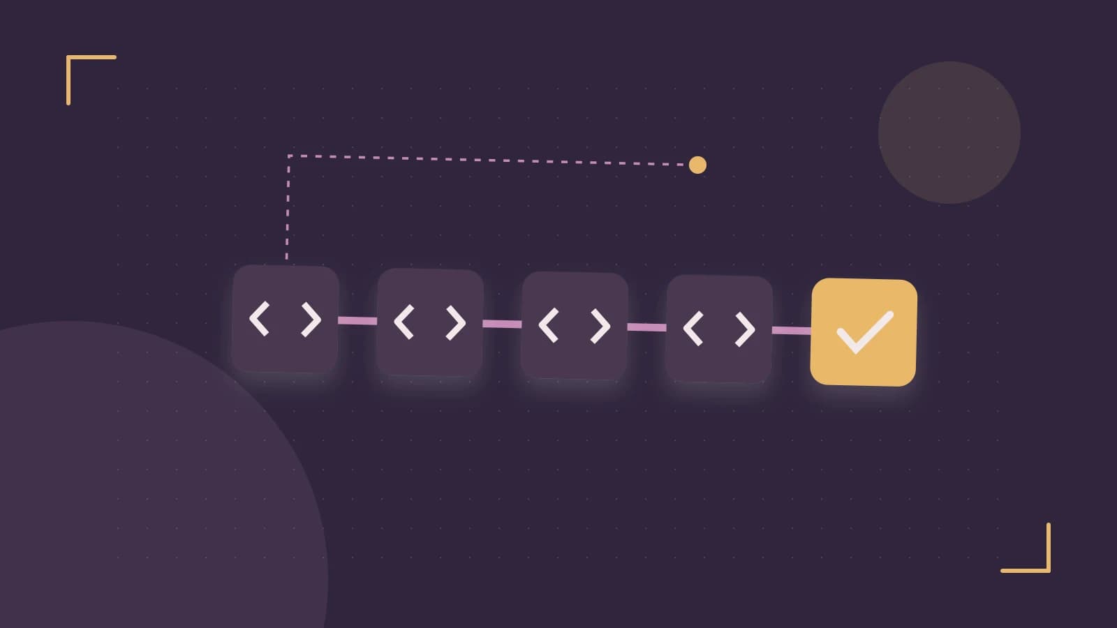 Editorial illustration of a branching build pipeline, staged transformations and a completed check