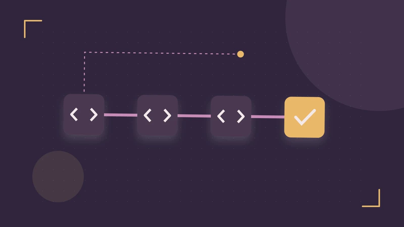Editorial illustration of a branching build pipeline, staged transformations and a completed check