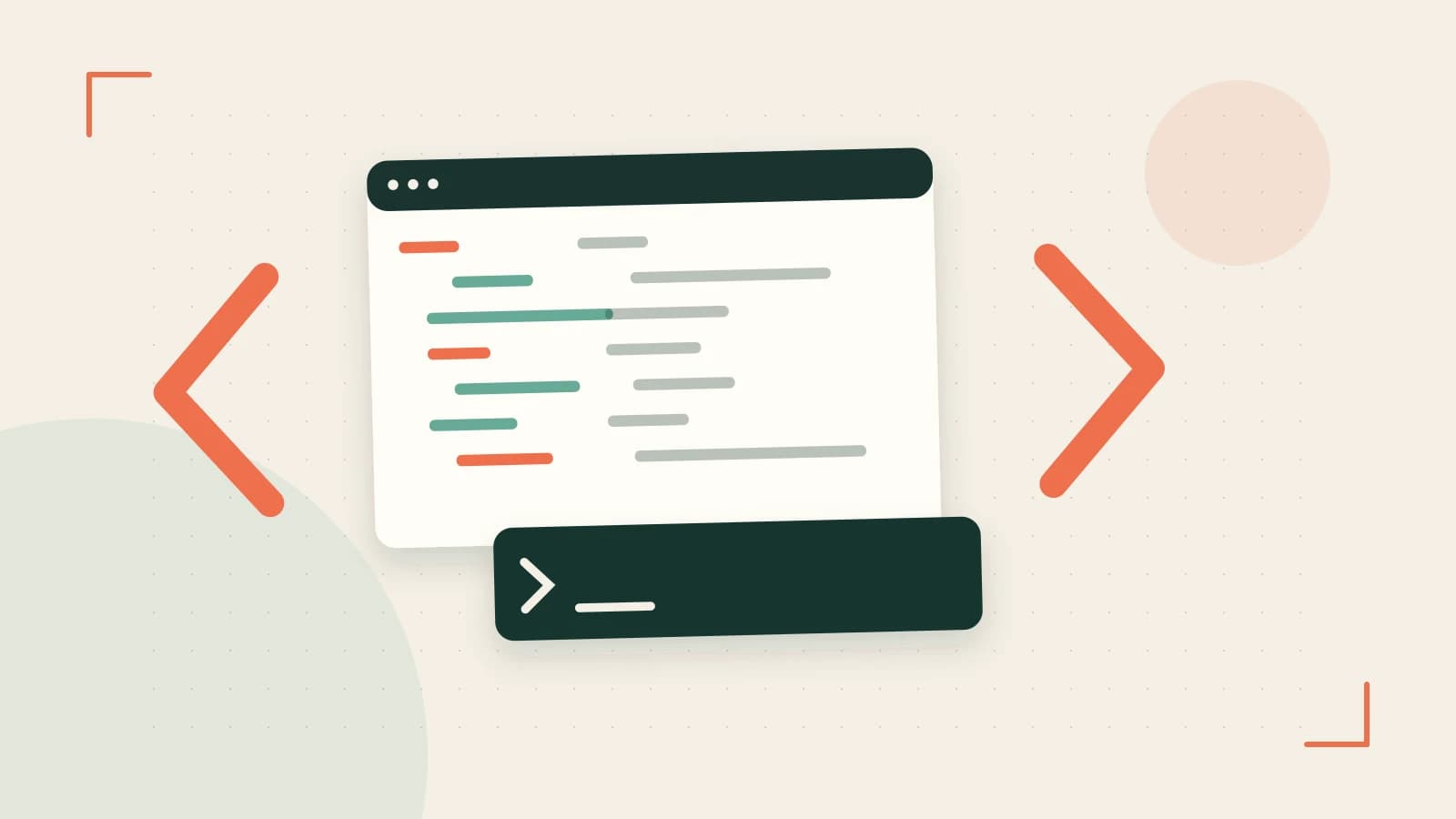 Editorial illustration of an abstract code editor, syntax blocks and oversized programming brackets