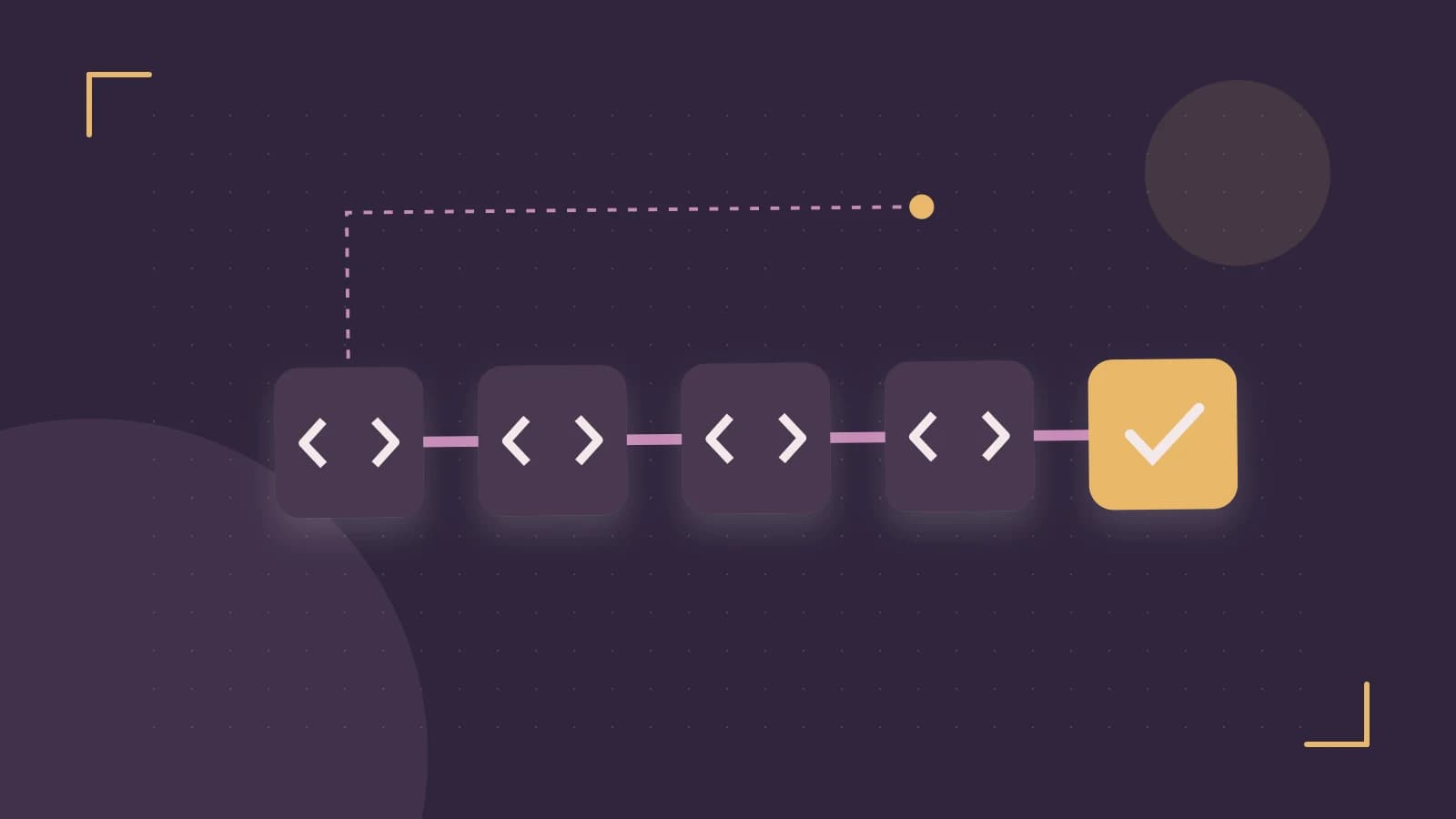Editorial illustration of a branching build pipeline, staged transformations and a completed check