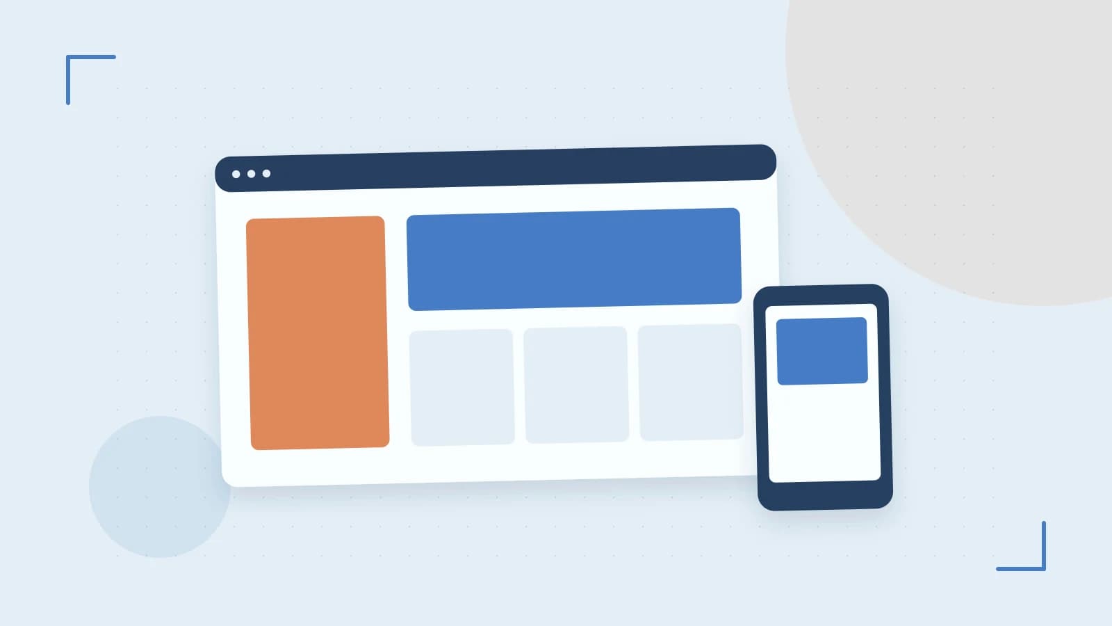 Editorial illustration of responsive browser layouts, overlapping design components and a color system