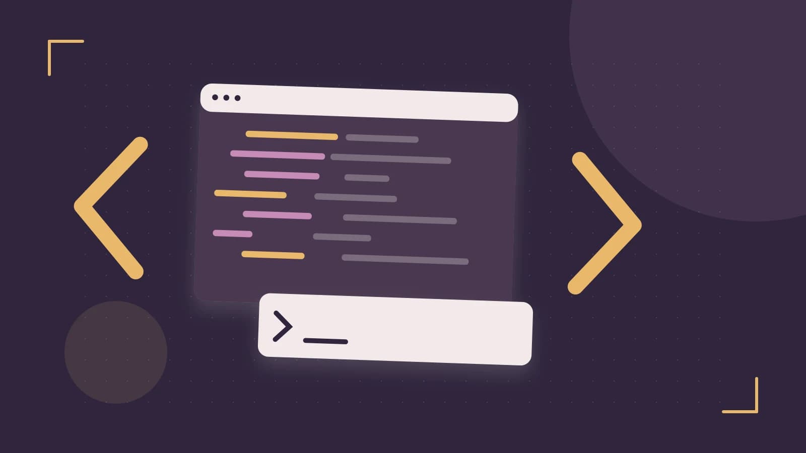 Editorial illustration of an abstract code editor, syntax blocks and oversized programming brackets
