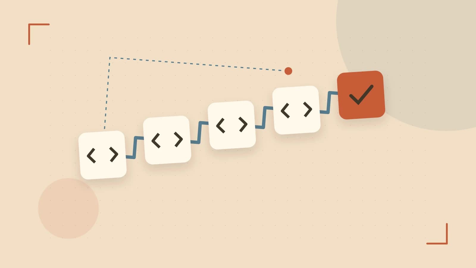 Editorial illustration of a branching build pipeline, staged transformations and a completed check