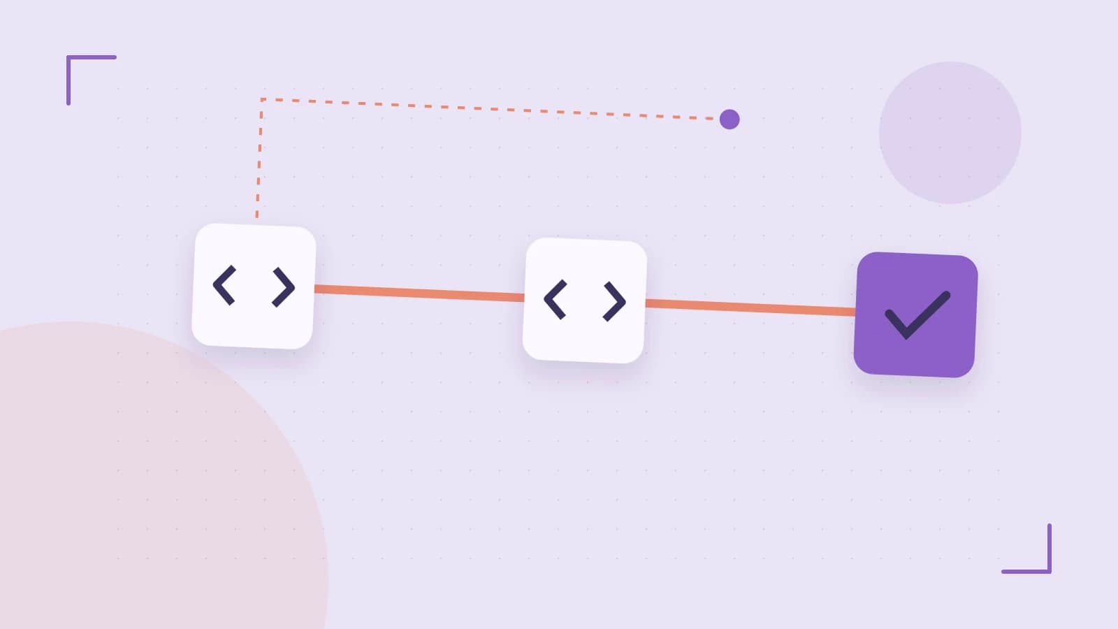 Editorial illustration of a branching build pipeline, staged transformations and a completed check