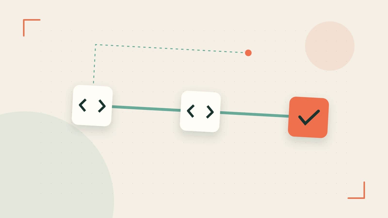 Editorial illustration of a branching build pipeline, staged transformations and a completed check