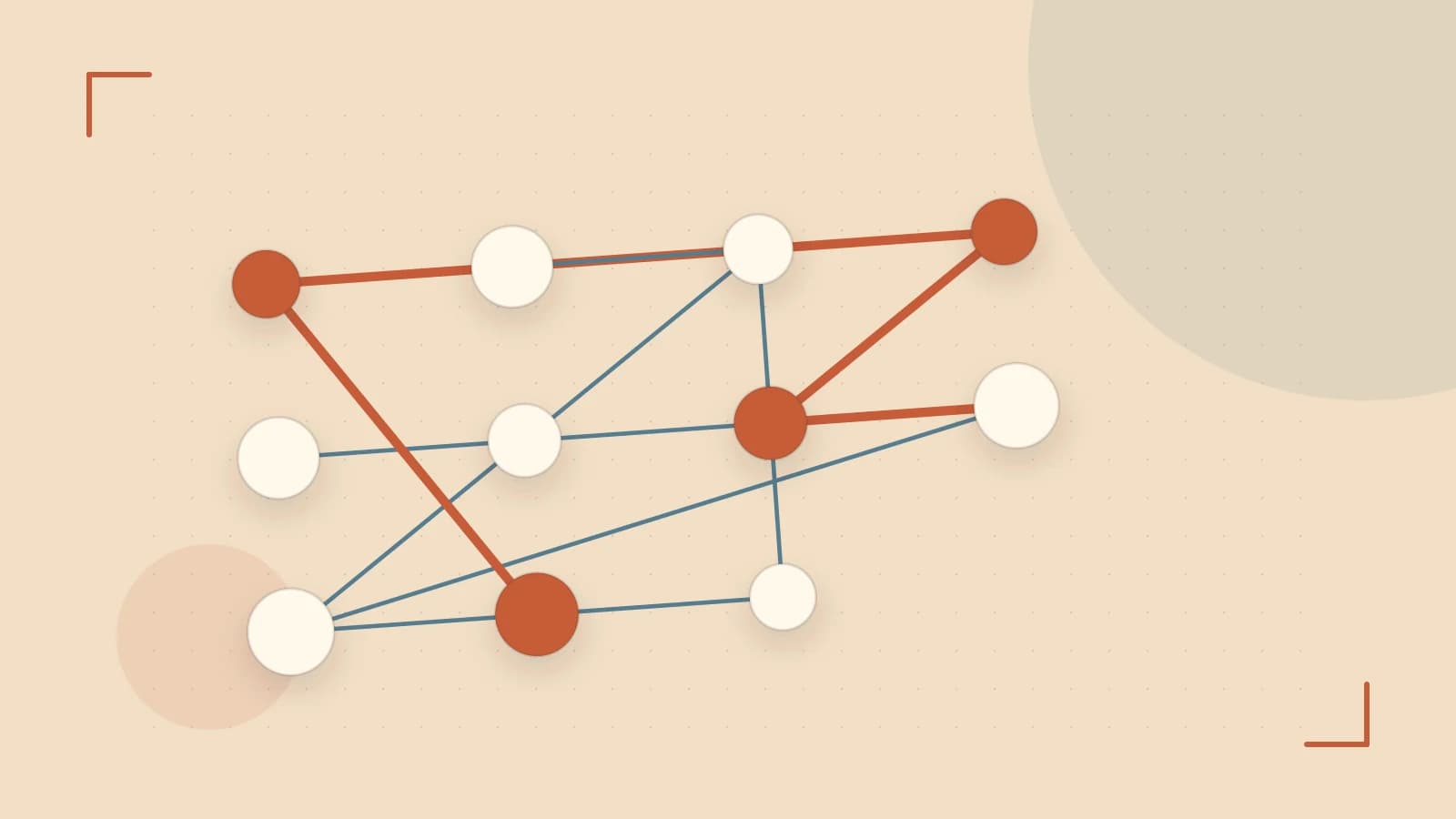 Editorial illustration of an algorithmic node graph with branching paths and a highlighted result