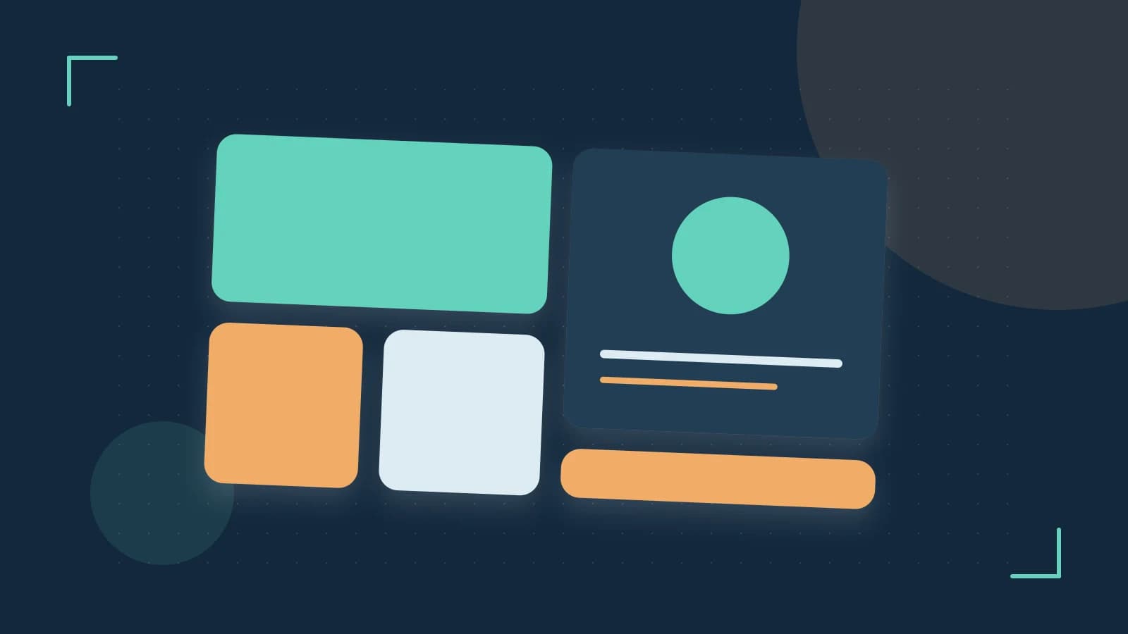 Editorial illustration of responsive browser layouts, overlapping design components and a color system