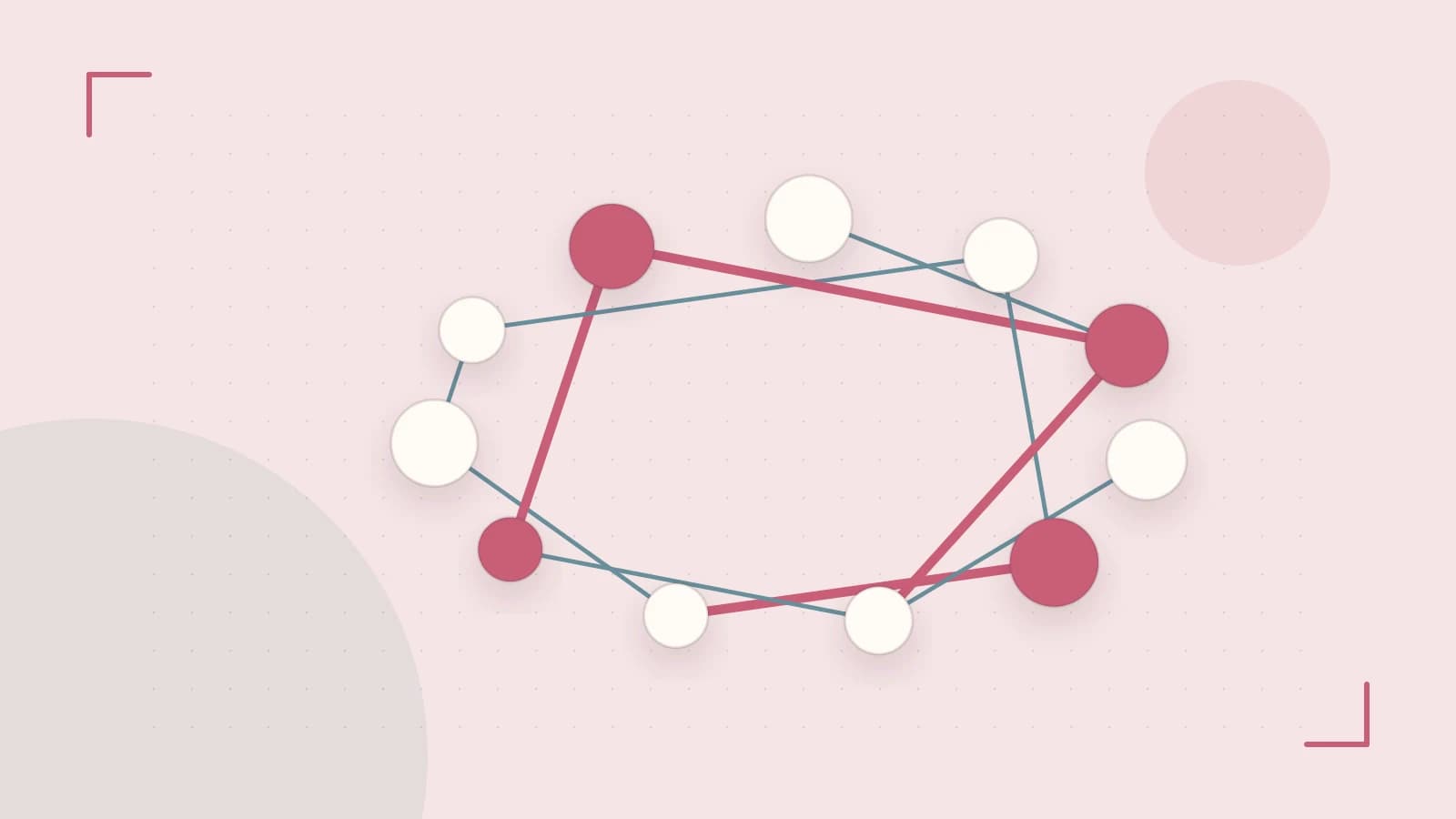 Editorial illustration of an algorithmic node graph with branching paths and a highlighted result