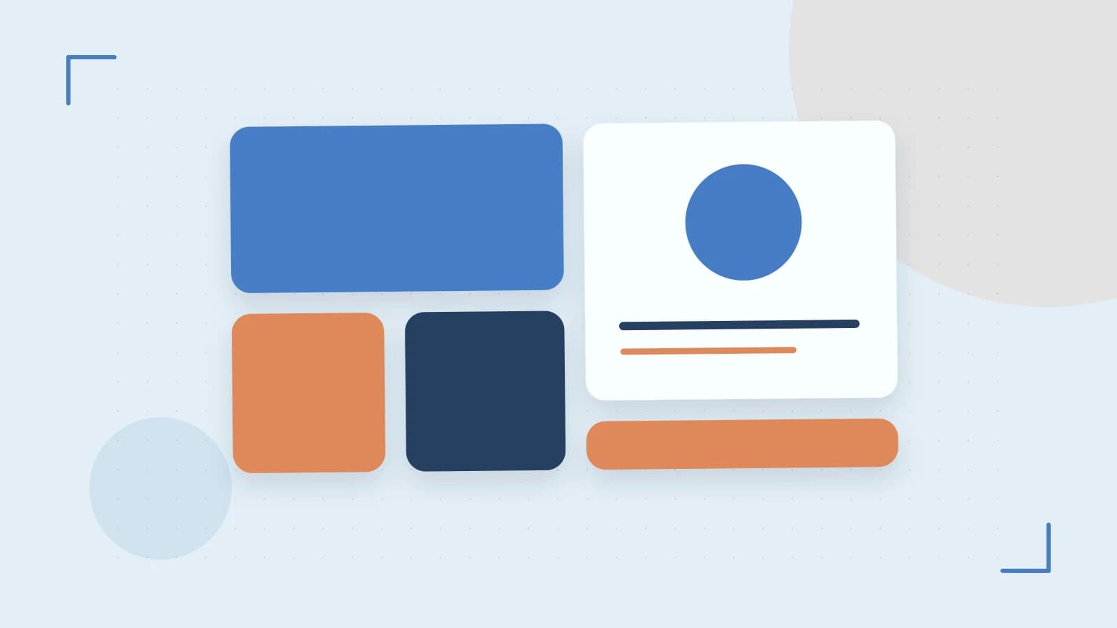 Editorial illustration of responsive browser layouts, overlapping design components and a color system