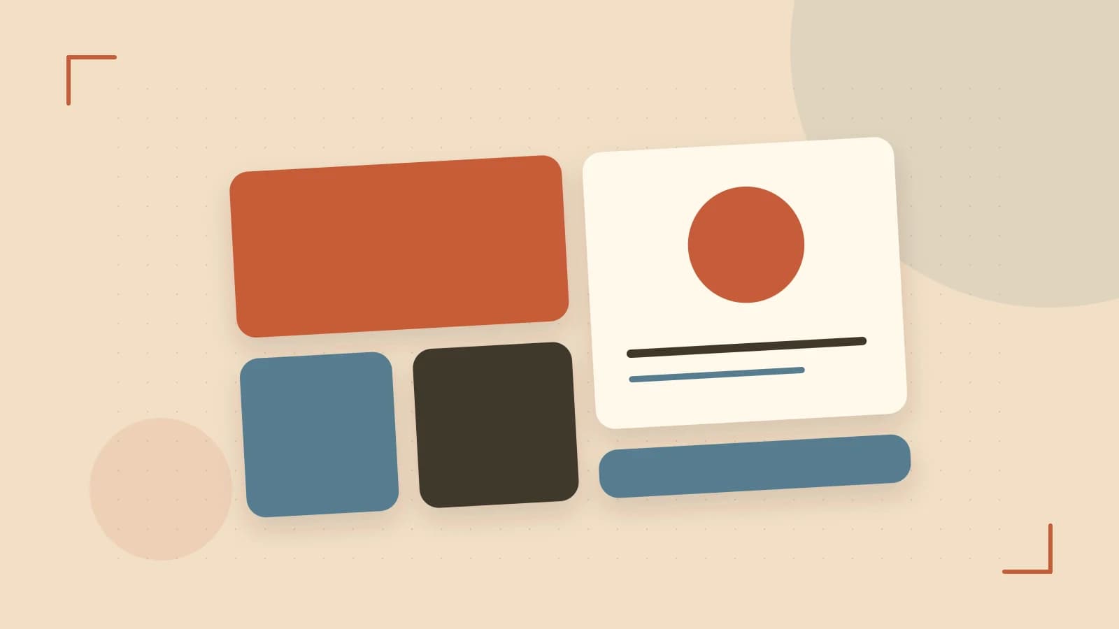 Editorial illustration of responsive browser layouts, overlapping design components and a color system
