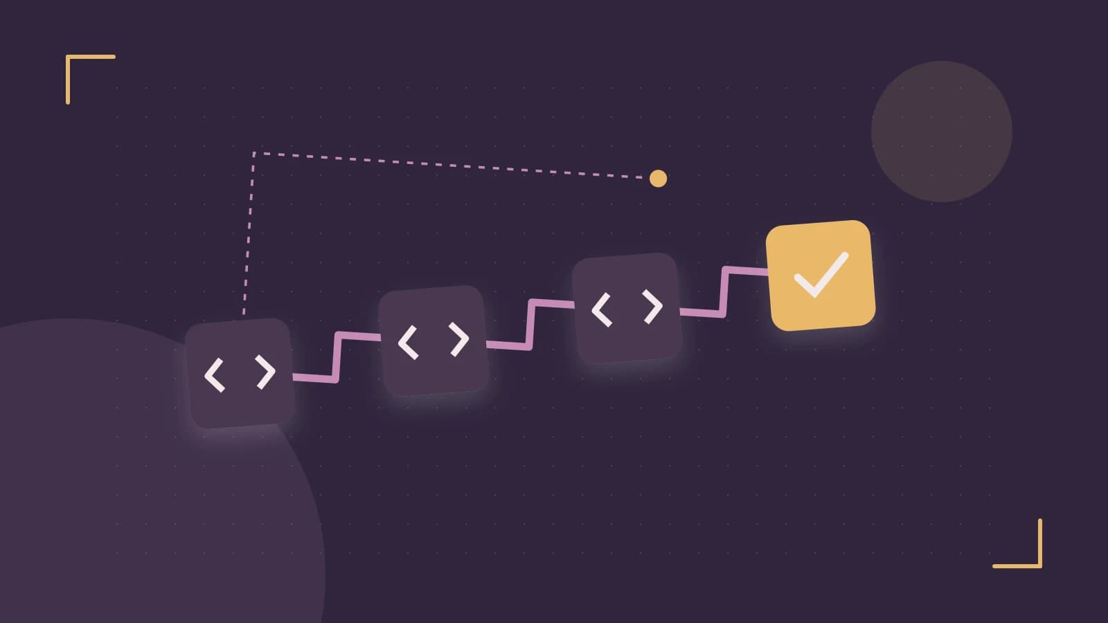 Editorial illustration of a branching build pipeline, staged transformations and a completed check