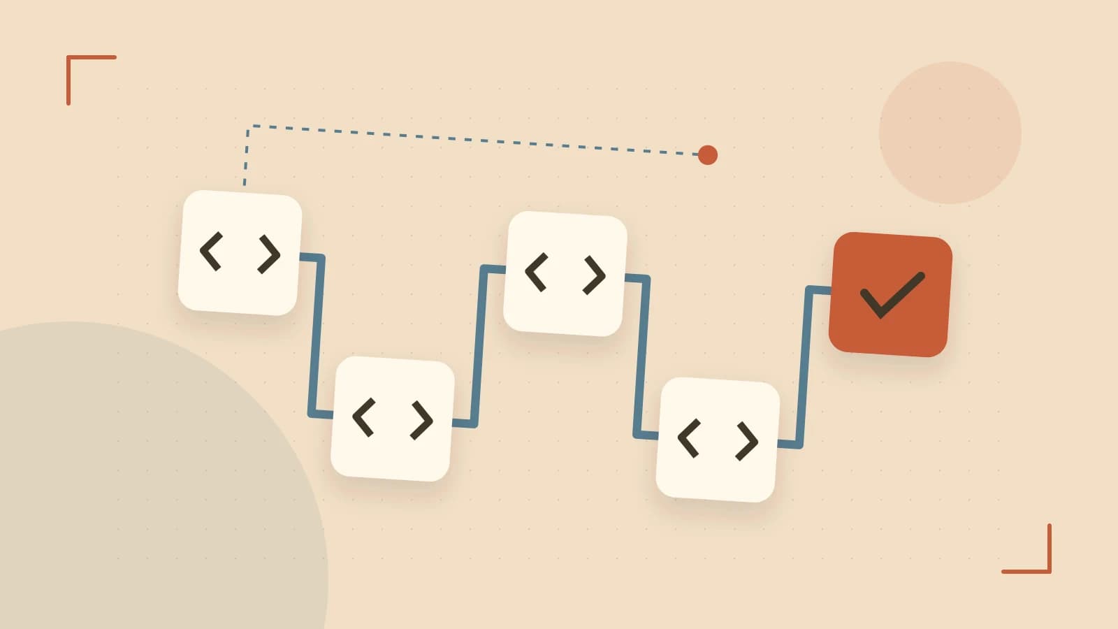 Editorial illustration of a branching build pipeline, staged transformations and a completed check