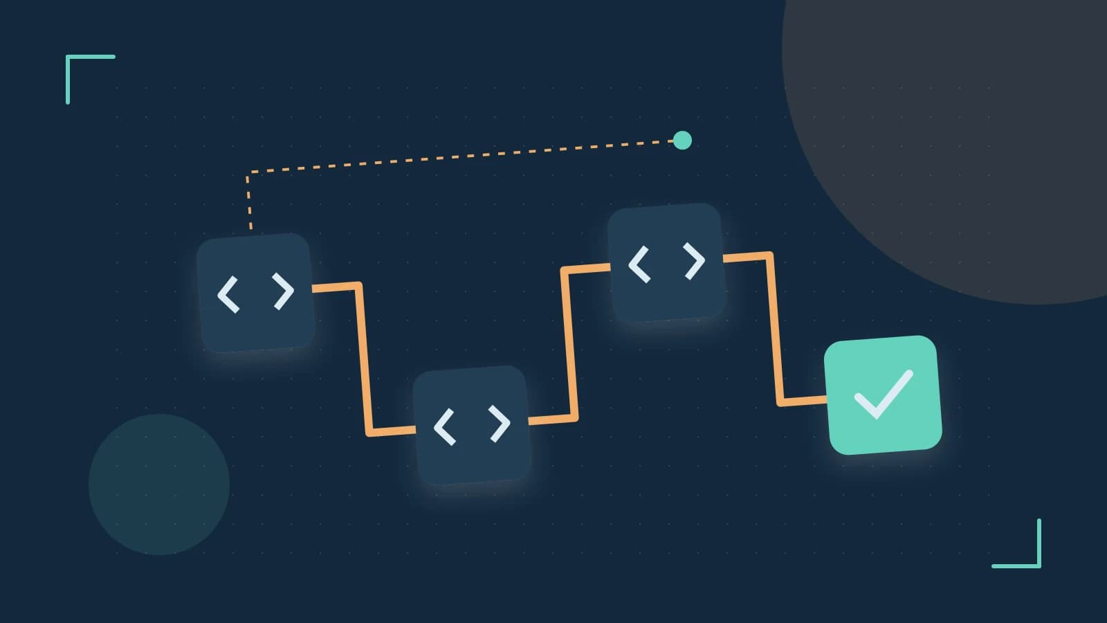 Editorial illustration of a branching build pipeline, staged transformations and a completed check