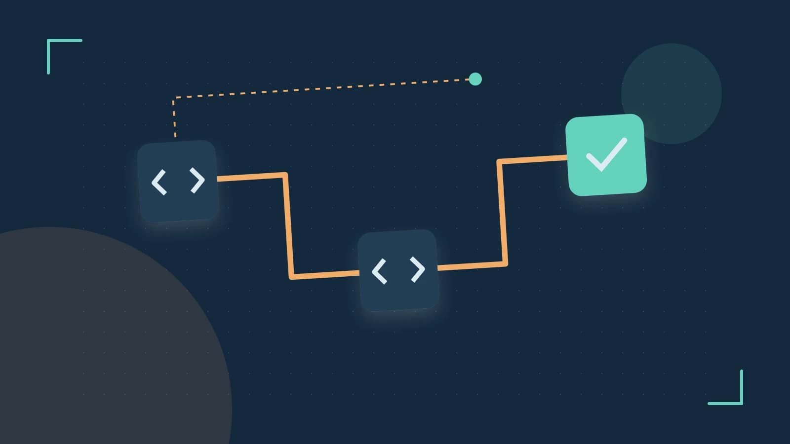 Editorial illustration of a branching build pipeline, staged transformations and a completed check