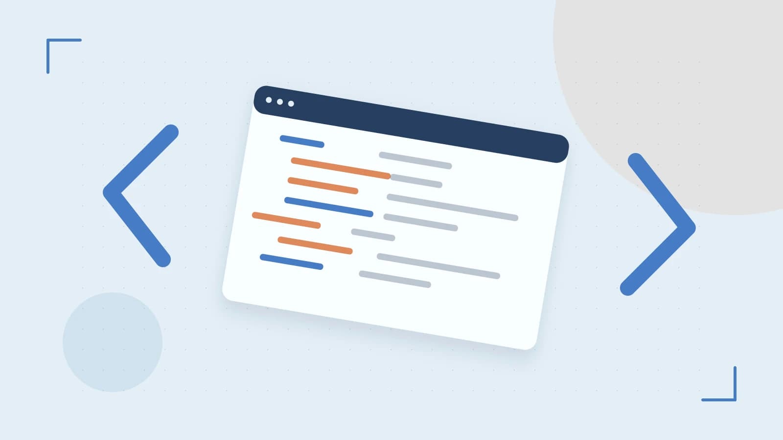 Editorial illustration of an abstract code editor, syntax blocks and oversized programming brackets