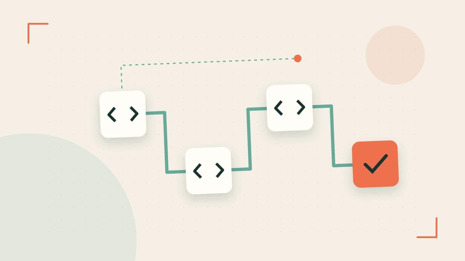 Editorial illustration of a branching build pipeline, staged transformations and a completed check