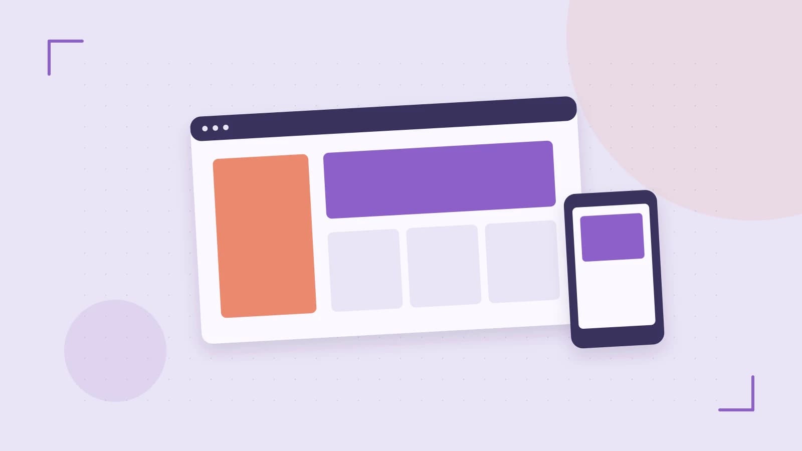 Editorial illustration of responsive browser layouts, overlapping design components and a color system