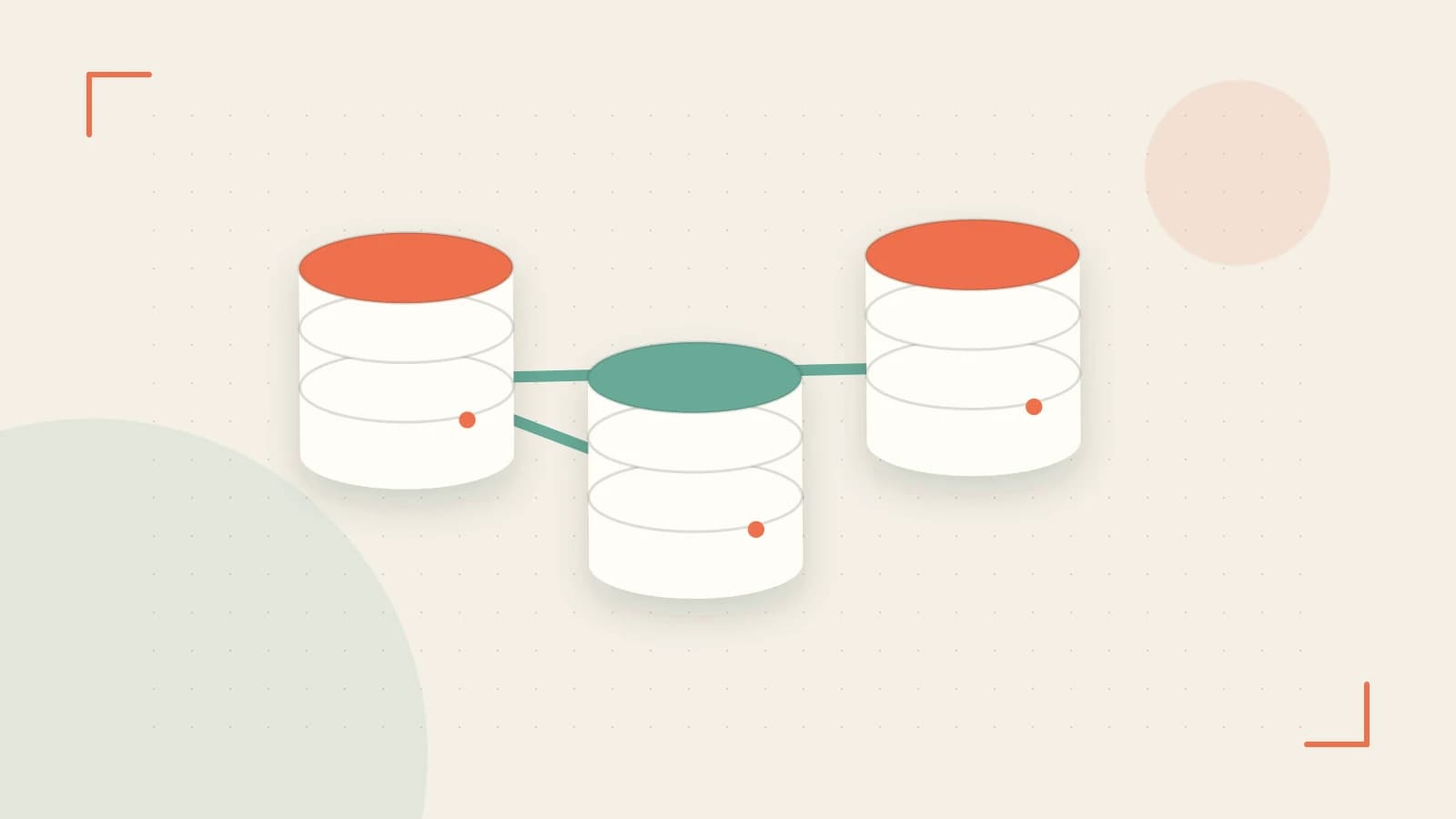 Editorial illustration of structured records, database cylinders and relationships between tables