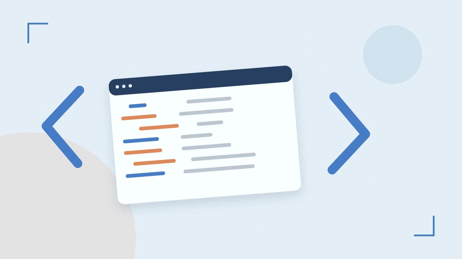 Editorial illustration of an abstract code editor, syntax blocks and oversized programming brackets