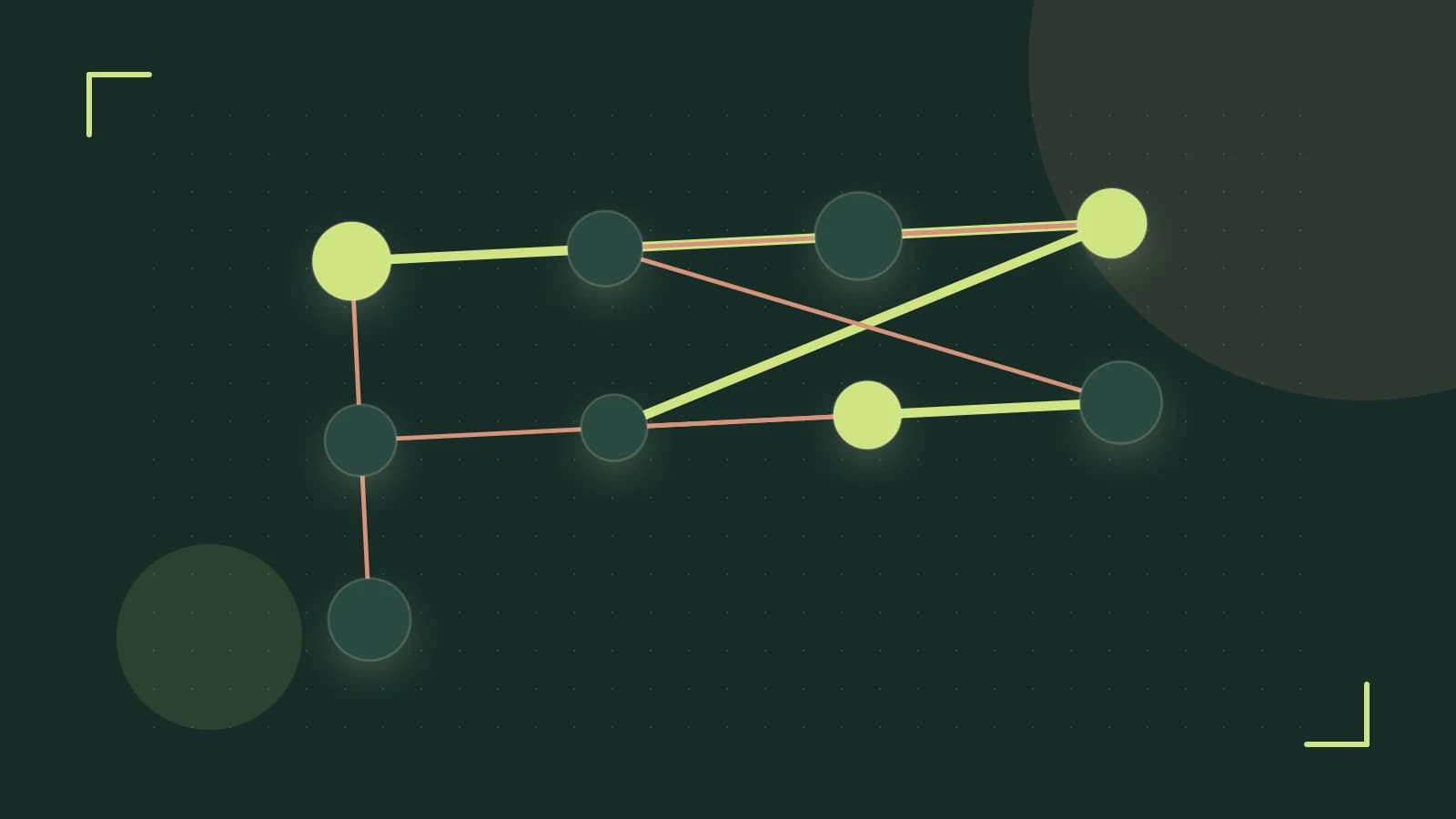 Editorial illustration of an algorithmic node graph with branching paths and a highlighted result