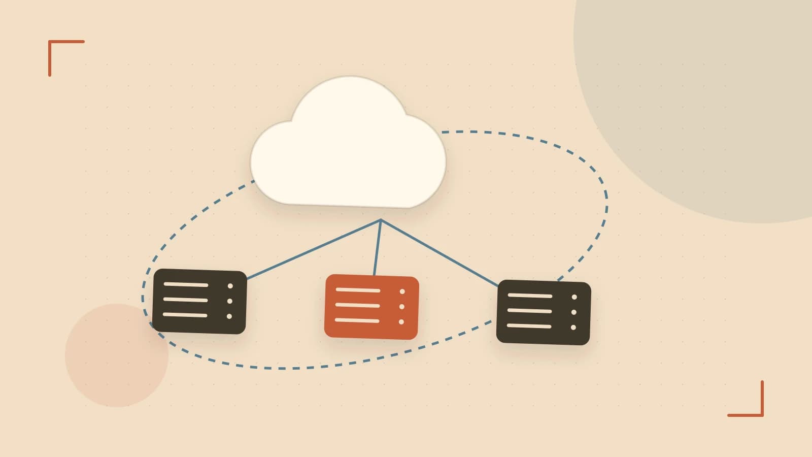 Editorial illustration of cloud infrastructure, connected server racks and an orbital service map