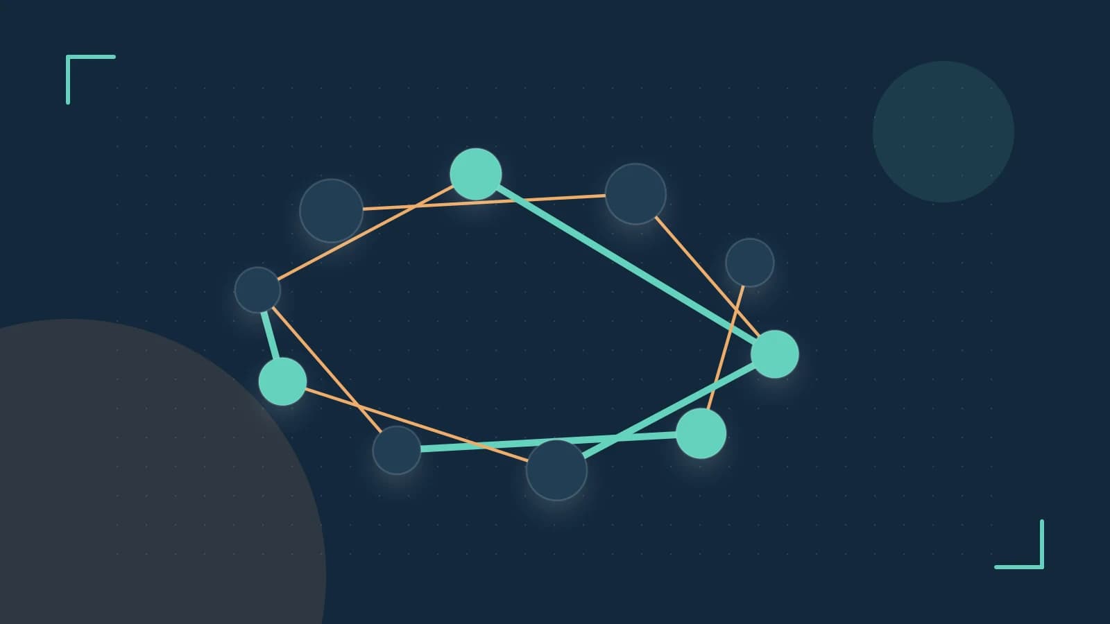 Editorial illustration of an algorithmic node graph with branching paths and a highlighted result