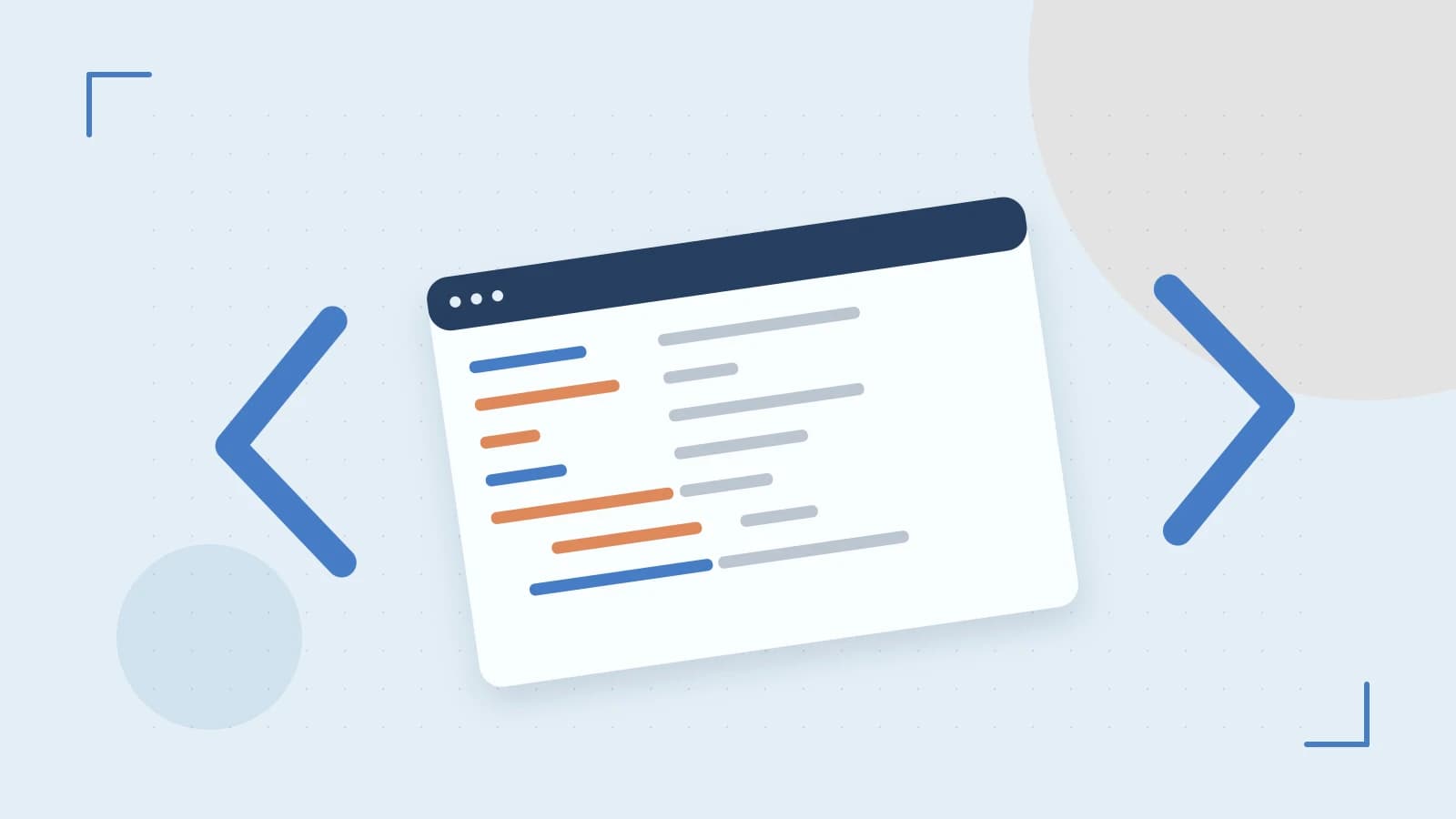 Editorial illustration of an abstract code editor, syntax blocks and oversized programming brackets