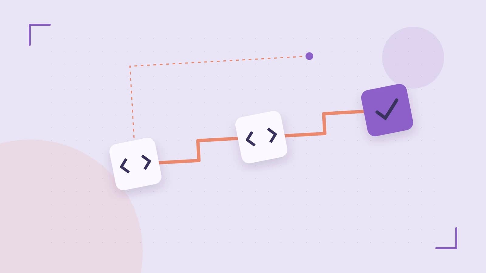 Editorial illustration of a branching build pipeline, staged transformations and a completed check