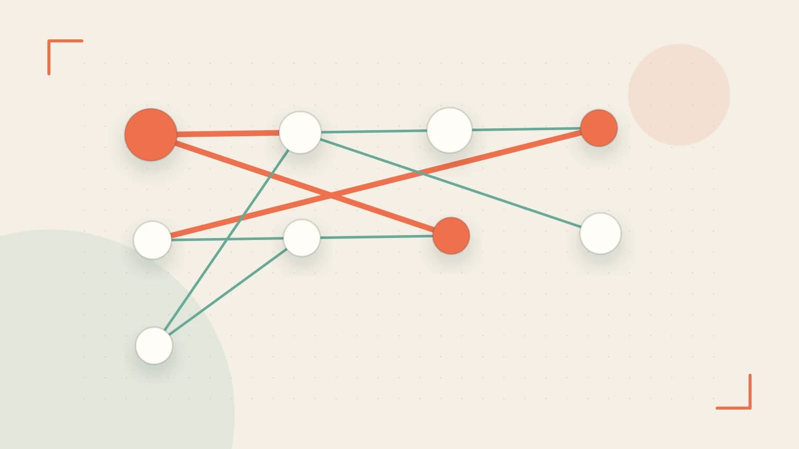 Editorial illustration of an algorithmic node graph with branching paths and a highlighted result