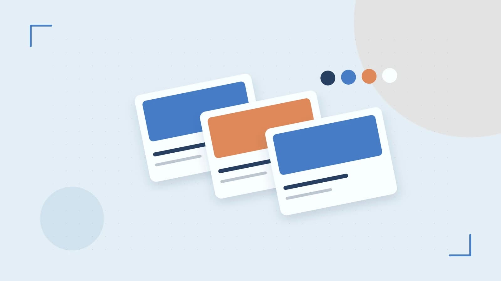 Editorial illustration of responsive browser layouts, overlapping design components and a color system