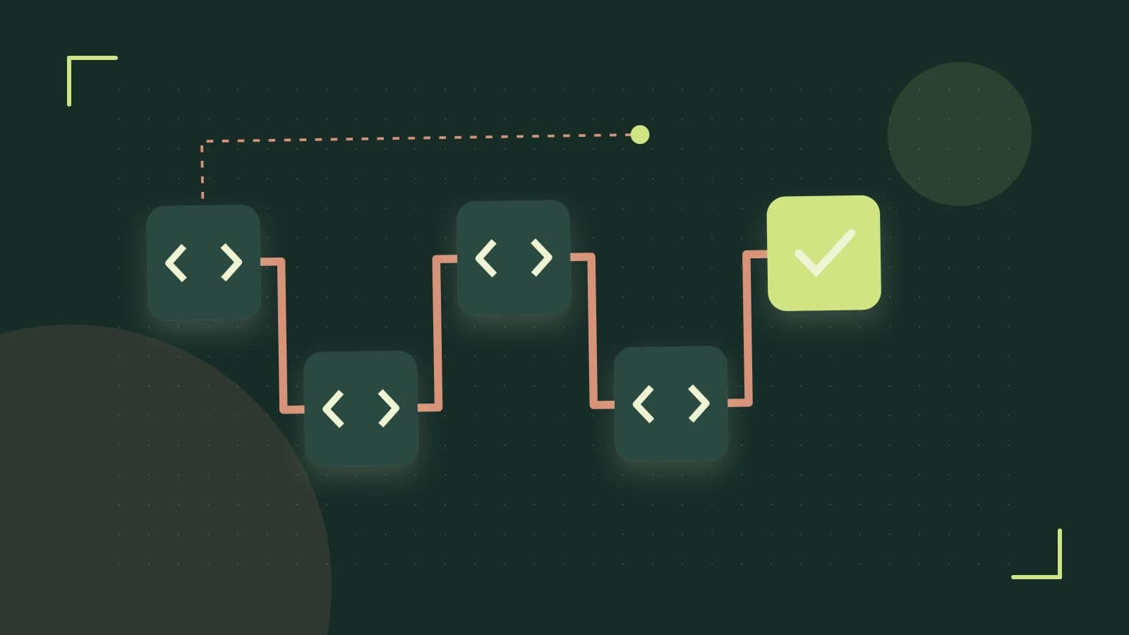 Editorial illustration of a branching build pipeline, staged transformations and a completed check