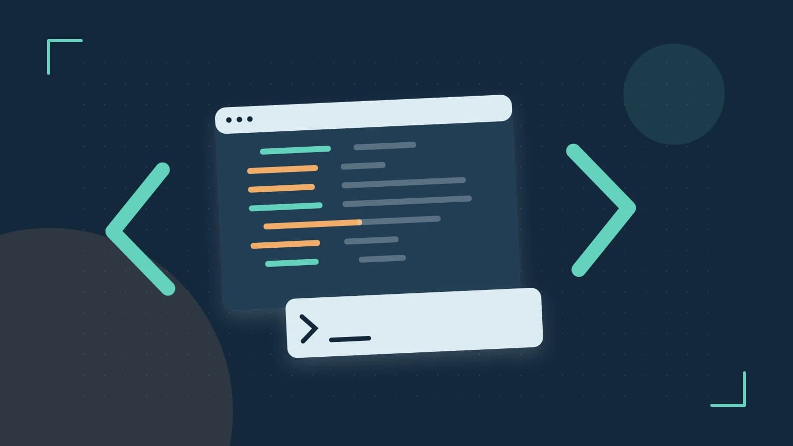 Editorial illustration of an abstract code editor, syntax blocks and oversized programming brackets