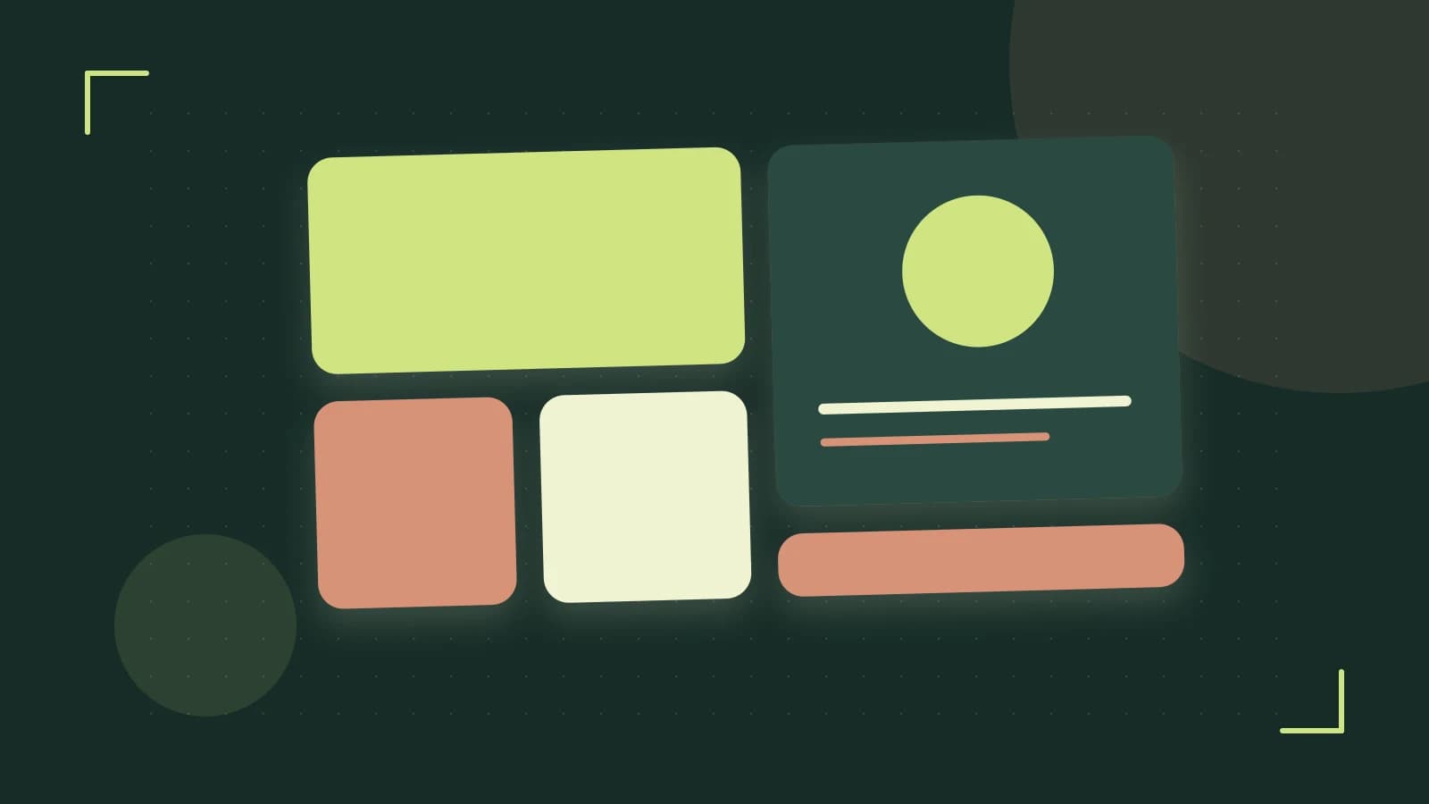 Editorial illustration of responsive browser layouts, overlapping design components and a color system
