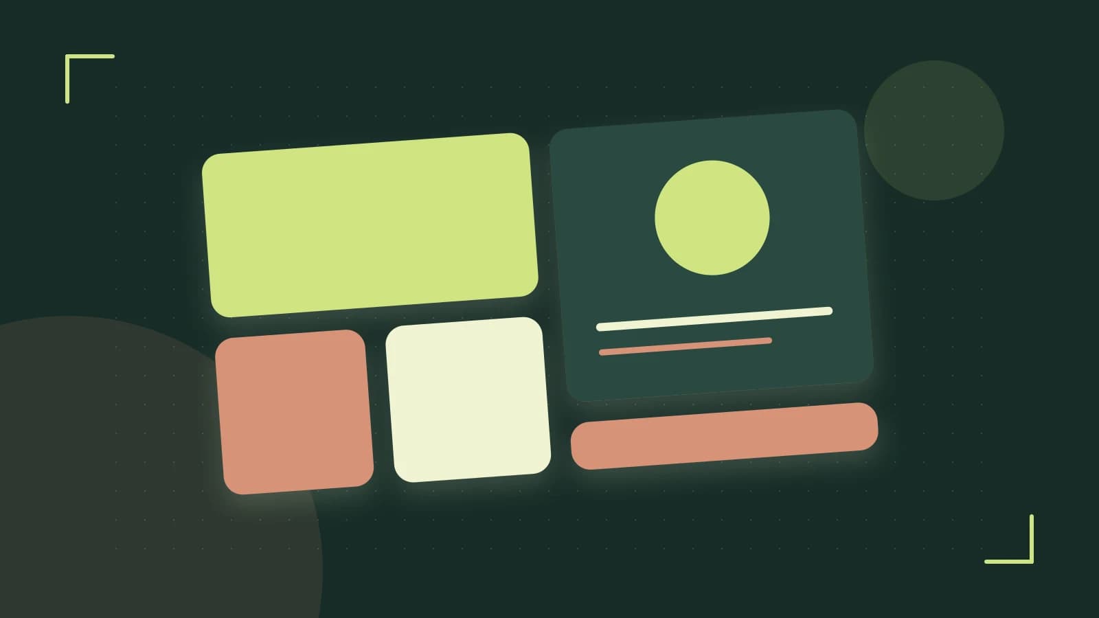 Editorial illustration of responsive browser layouts, overlapping design components and a color system