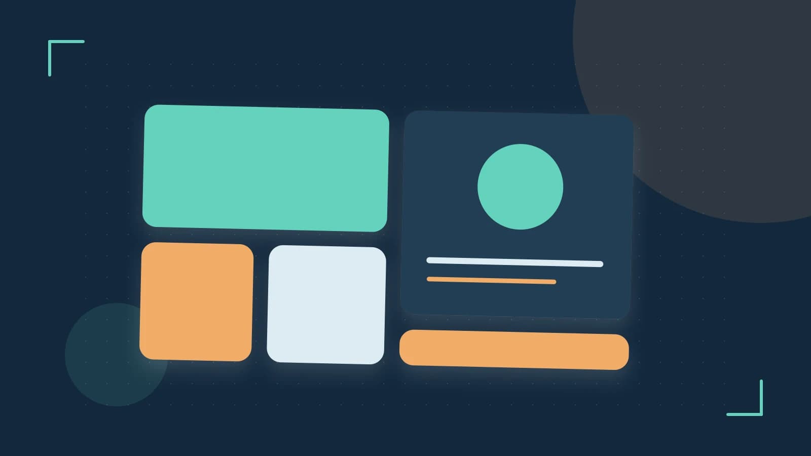 Editorial illustration of responsive browser layouts, overlapping design components and a color system