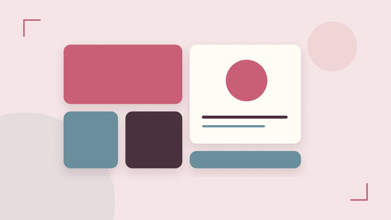 Editorial illustration of responsive browser layouts, overlapping design components and a color system
