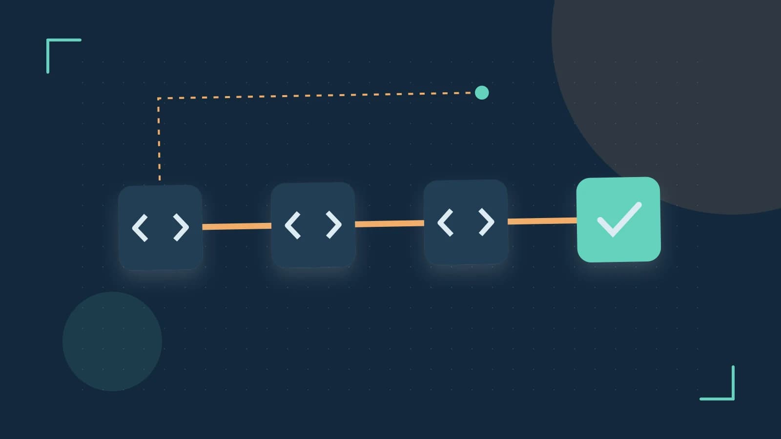 Editorial illustration of a branching build pipeline, staged transformations and a completed check