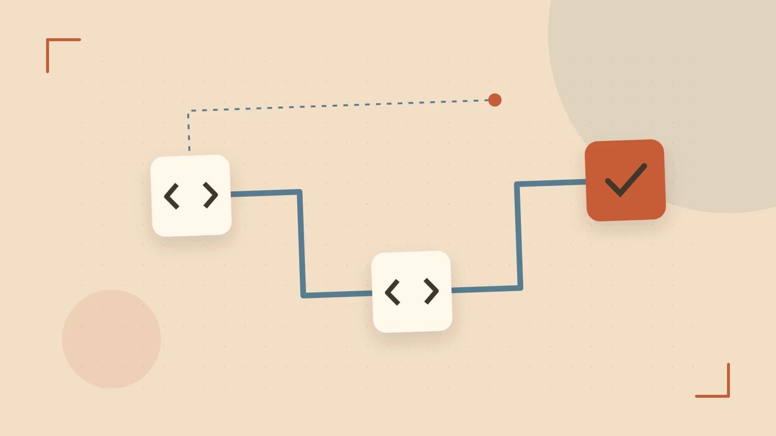 Editorial illustration of a branching build pipeline, staged transformations and a completed check