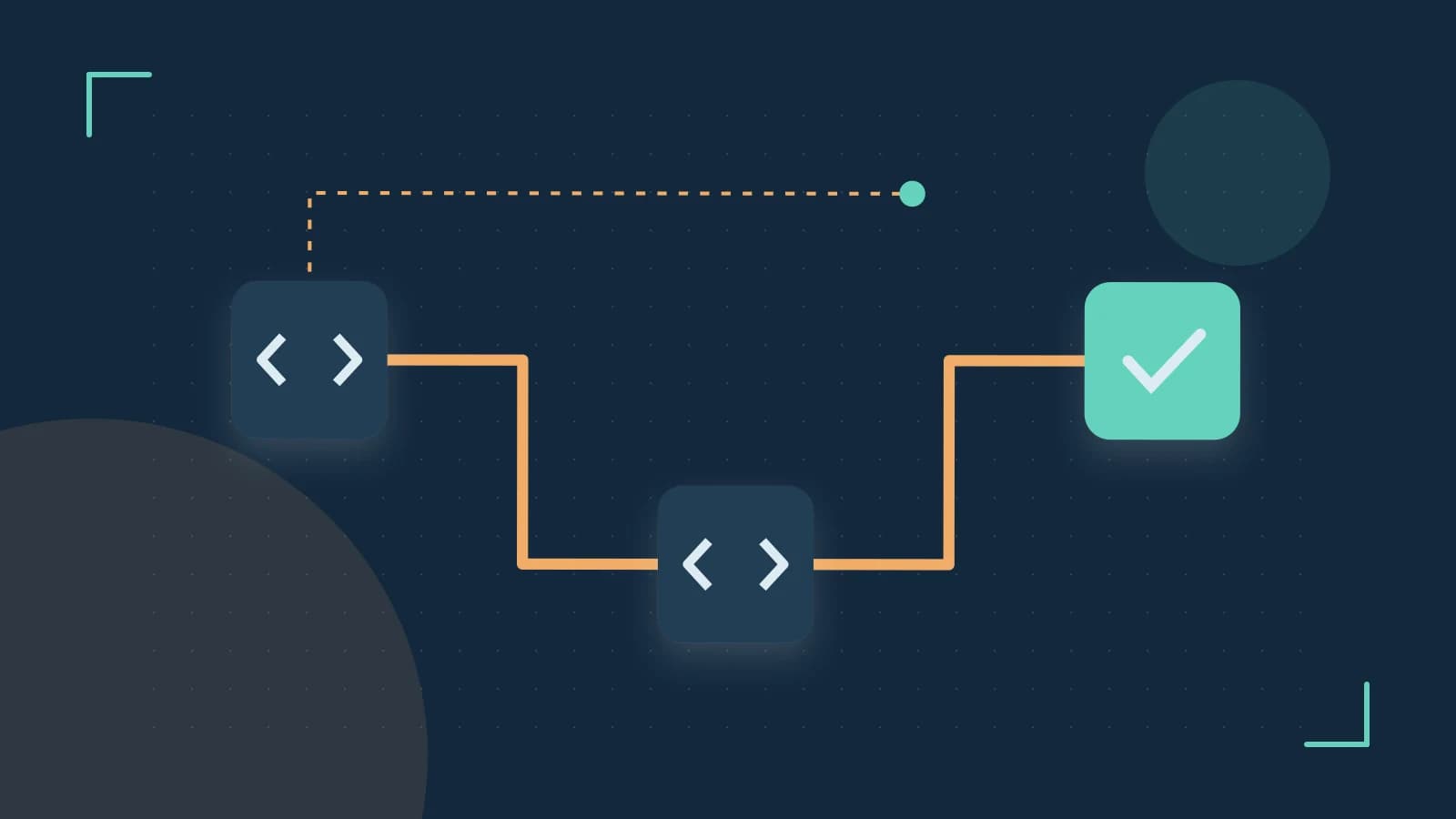 Editorial illustration of a branching build pipeline, staged transformations and a completed check