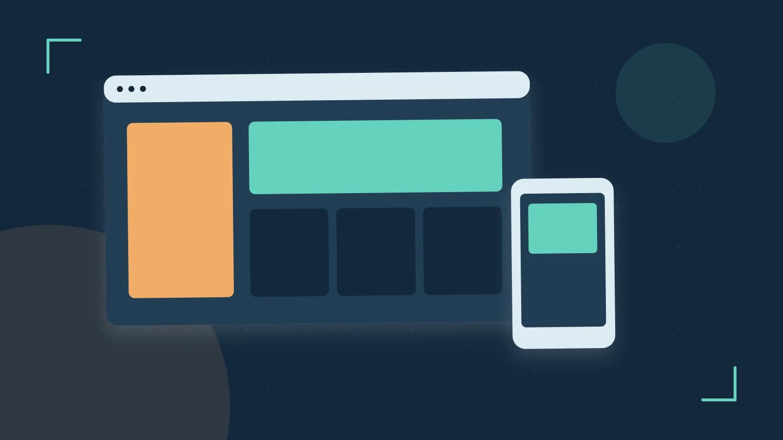 Editorial illustration of responsive browser layouts, overlapping design components and a color system