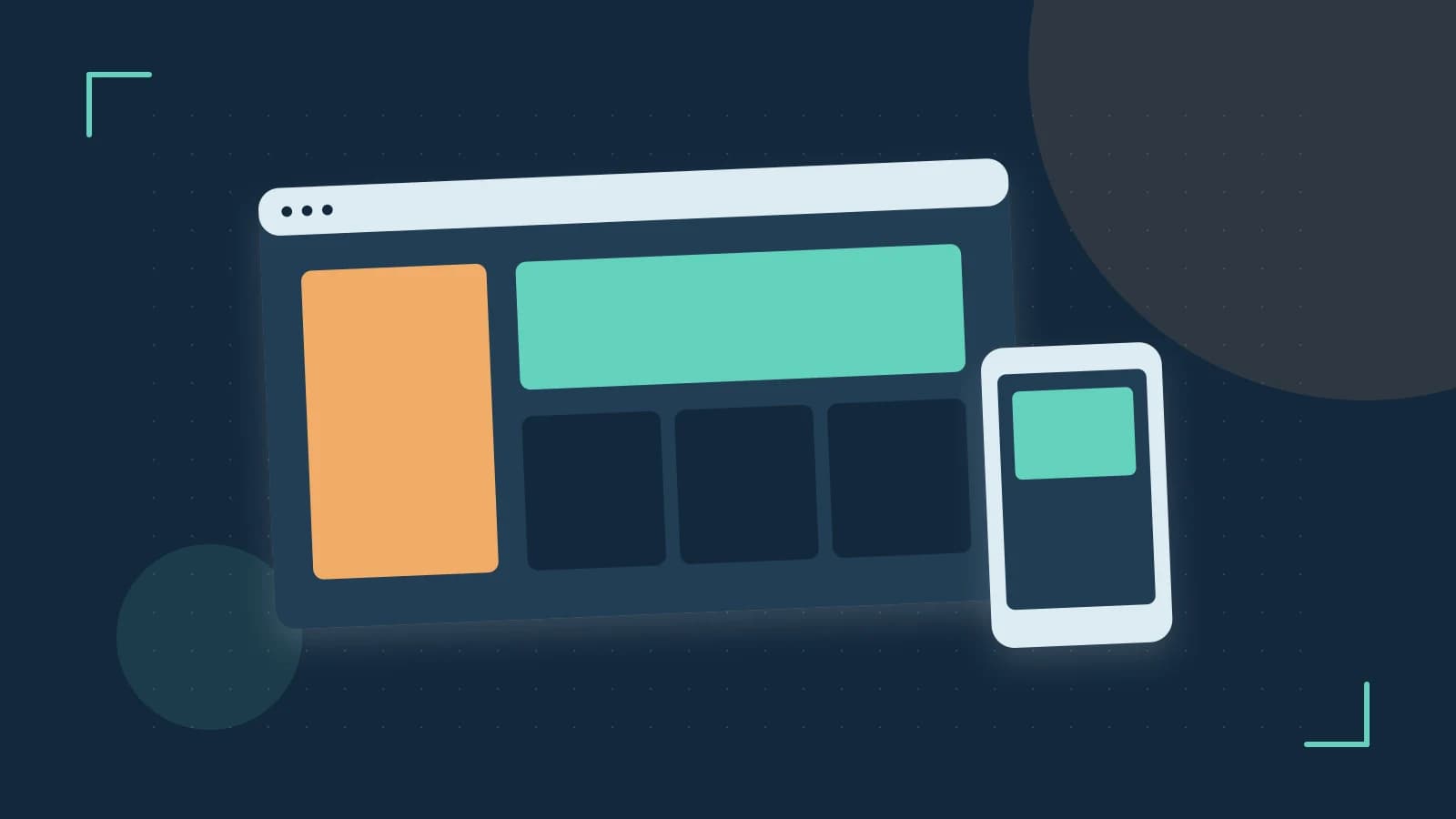 Editorial illustration of responsive browser layouts, overlapping design components and a color system