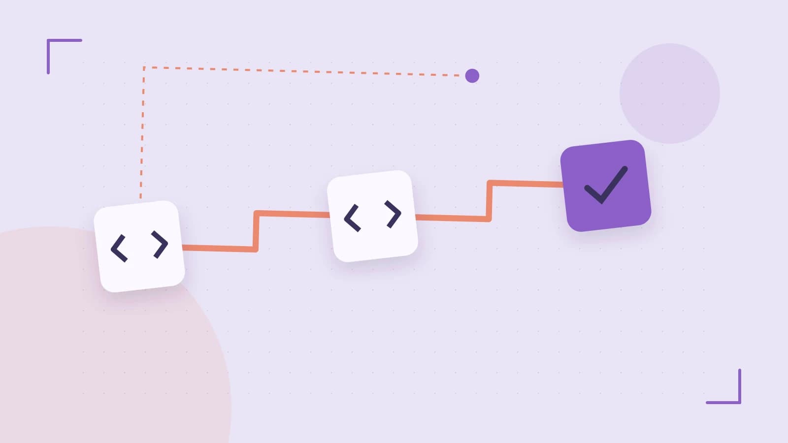 Editorial illustration of a branching build pipeline, staged transformations and a completed check